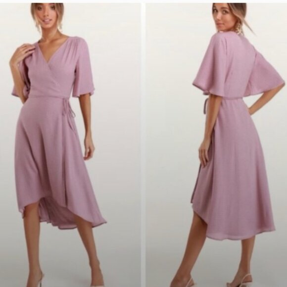 Lulu's Medium Farah Mauve Print Midi Wrap Dress - Picture 2 of 8